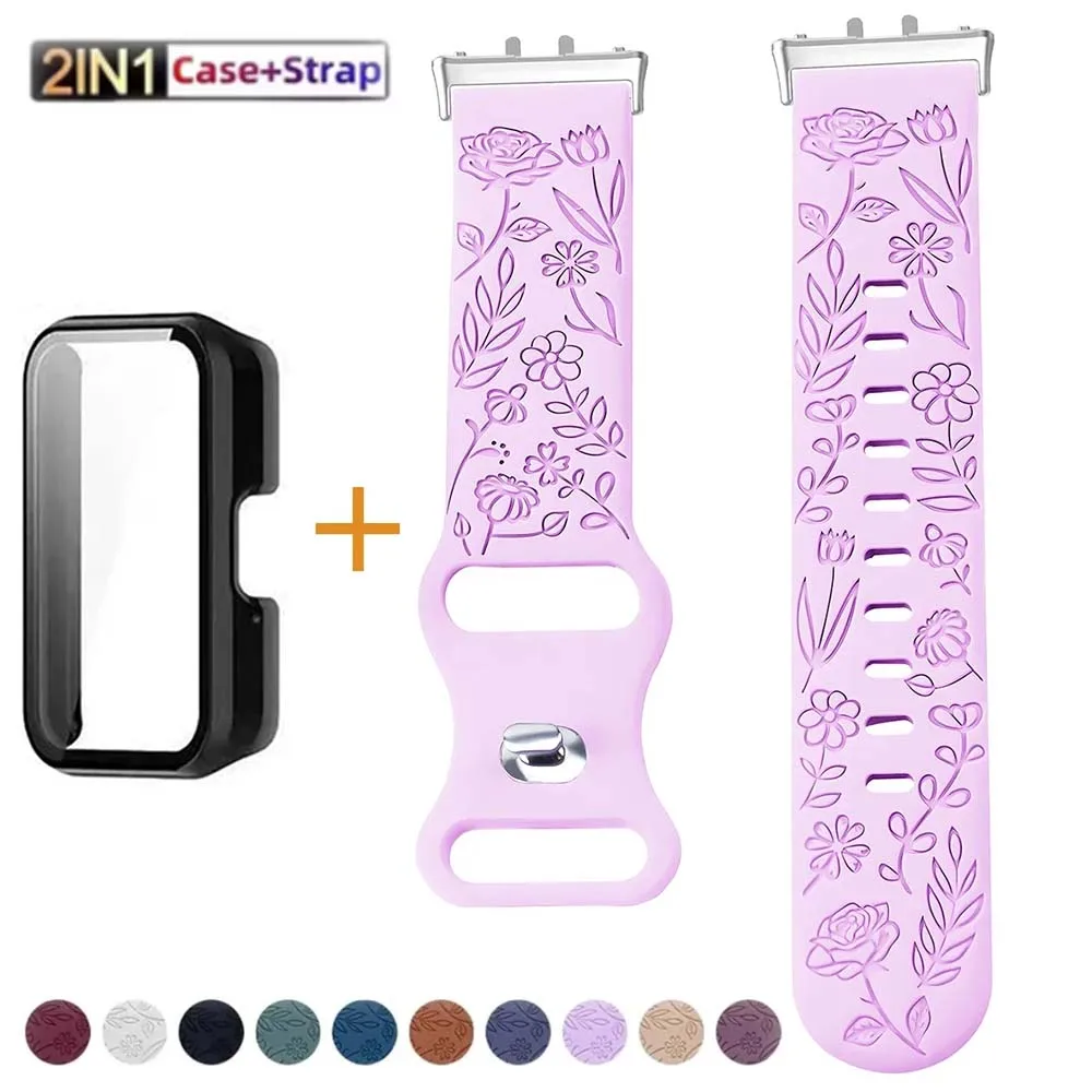 Prints Design Strap+Case for Samsung Galaxy Fit3 Watch Band Silicone Engraving Bracelet for Samsung Galaxy Fit3 Floral Wristband