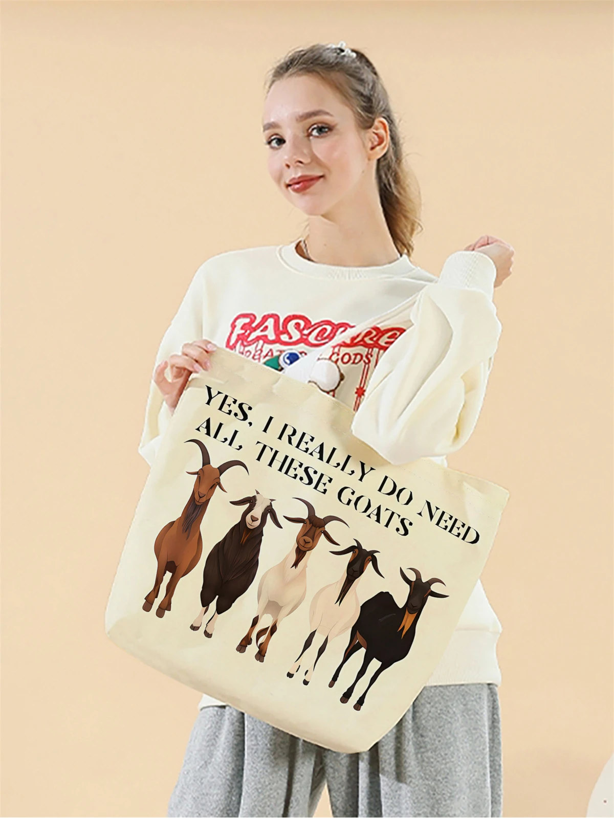 قطعة واحدة، حقيبة يد بنمط الماعز الكرتونية، حقيبة يد عصرية قابلة لإعادة الاستخدام، حقيبة يد متعددة الوظائف، حقيبة تسوق قماشية مطبوعة