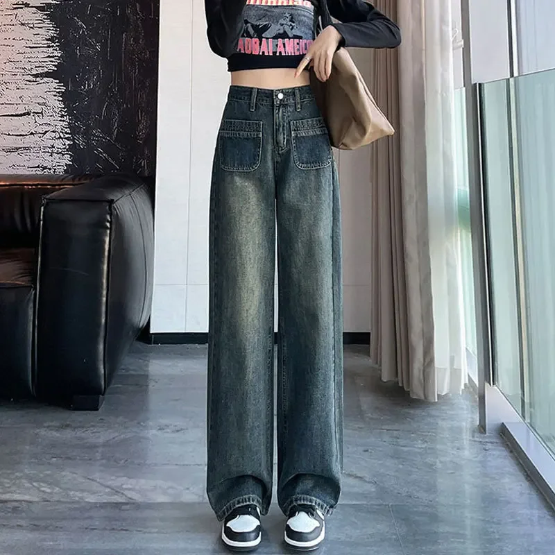 American Style High-waisted Wide-leg Jeans Grey Concrete Pocket Design Unique Straight-leg Pants For Women Petite Drag Trousers