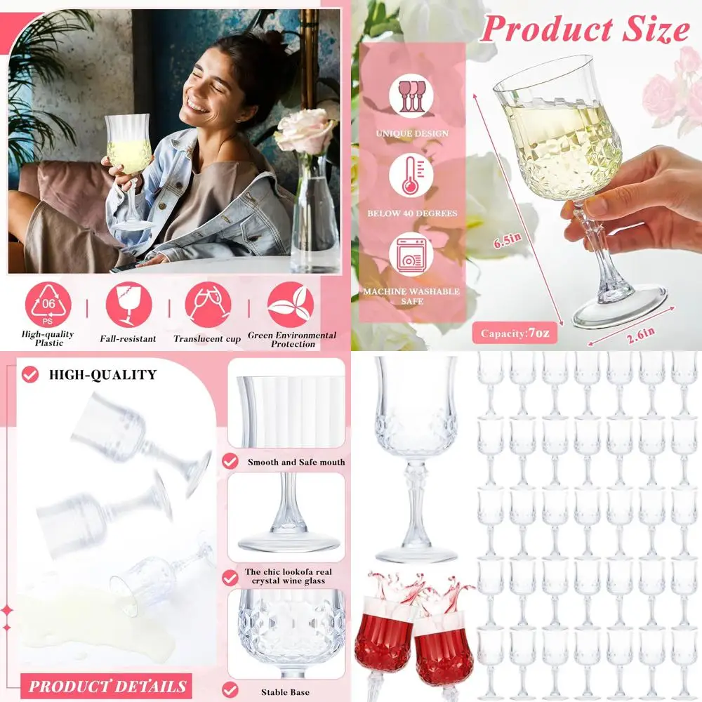 

Set of 50 7 oz Reusable Vintage-Style Colored Wine Glasses, Dishwasher Safe for Festive Events