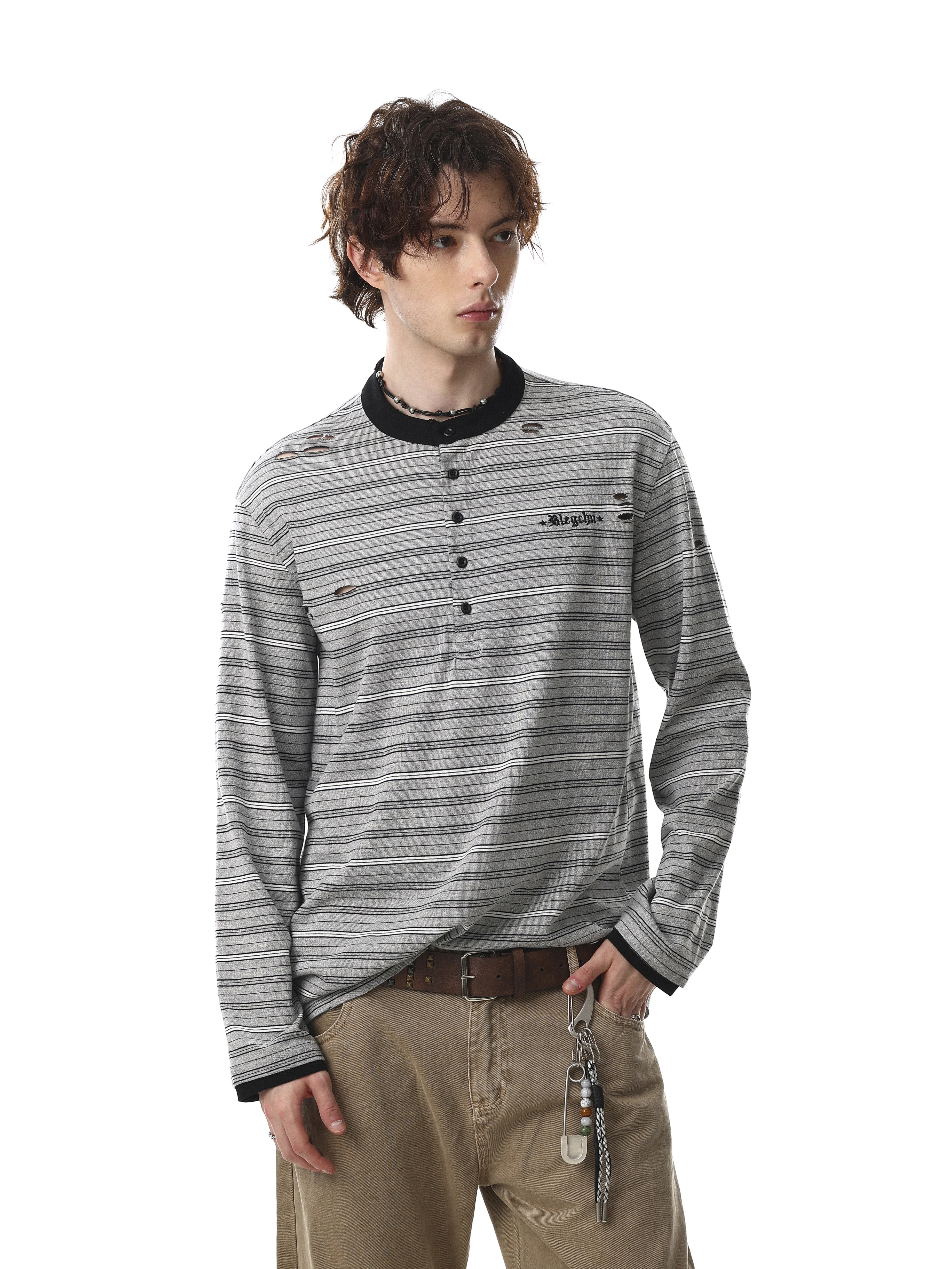 MRNEARLY American Retro Striped Henry Collar Long Sleeve T-Shirt Loose Fit Casual Style for Men And Women with Embroidery