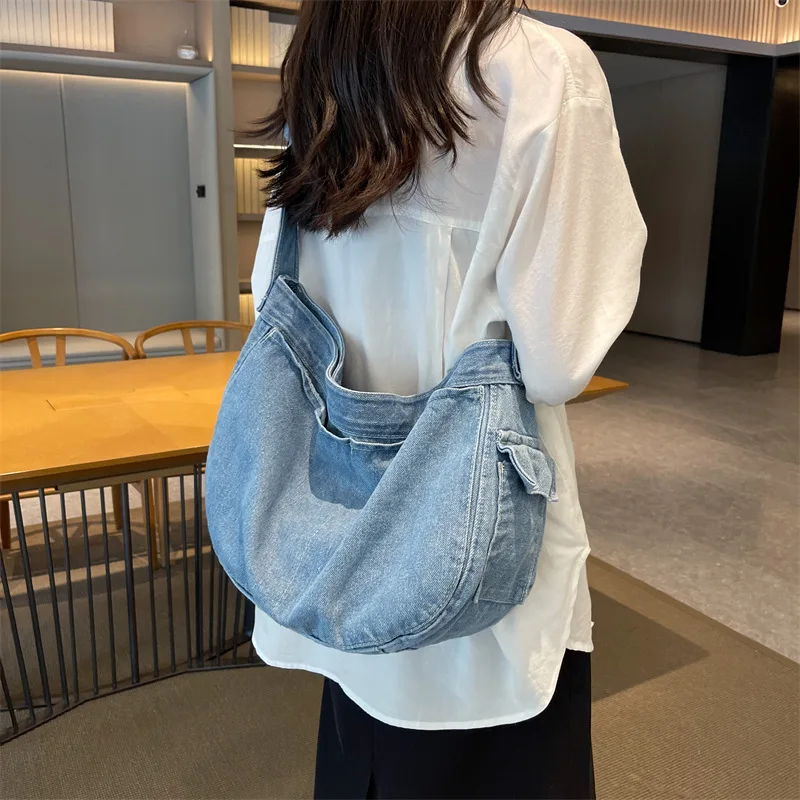 Women Denim Shoulder Bag Japanese Literary Leisure Students Book Bags Washed Denim Canvas Bag Large Capacity Crossbody Bag