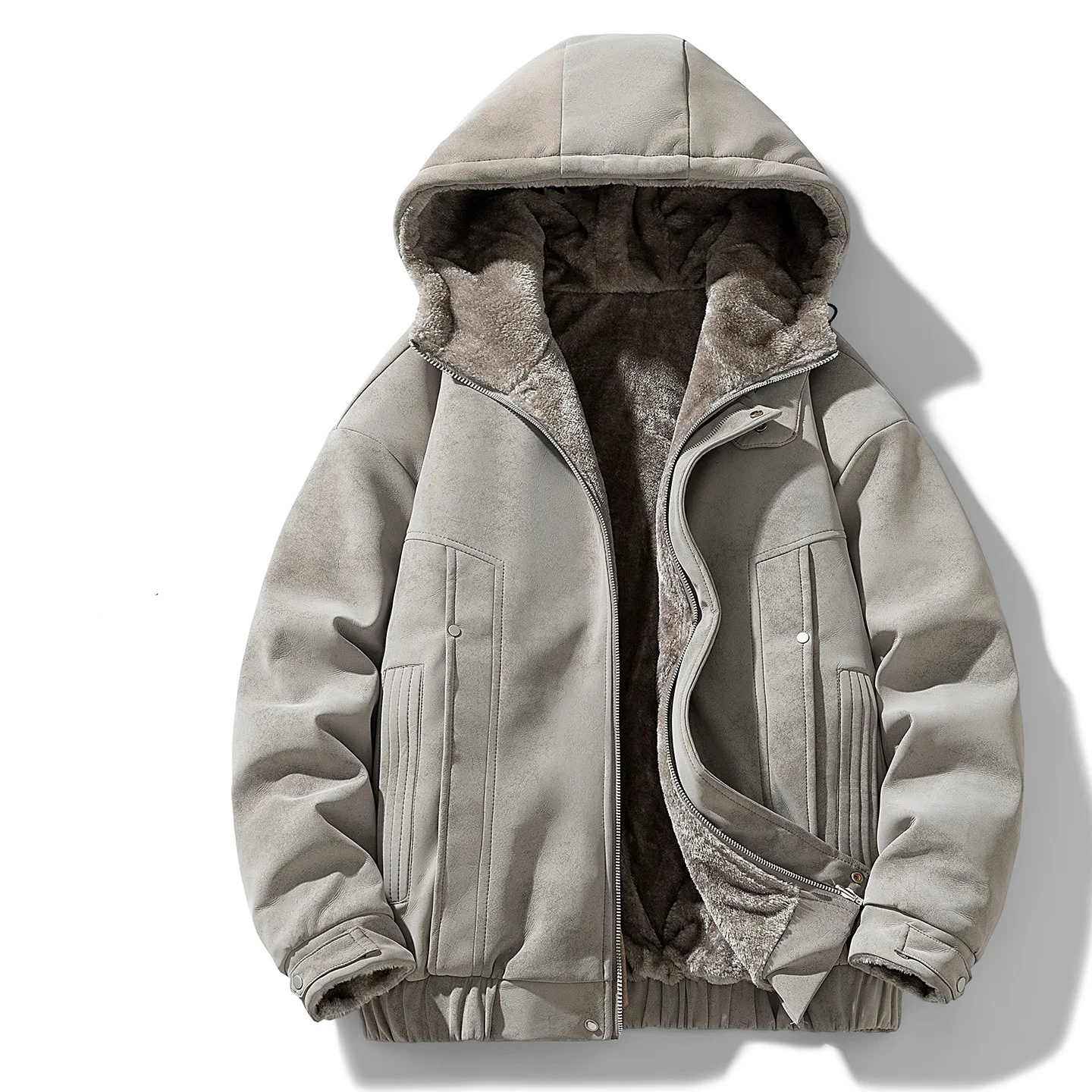 冬の男性用プラッシュジャケット、アメリカンレトロ、フード付き、両面使用可能、男性用アウターウェア、厚手フリース、長袖、ジッパー付き、ゆったりとしたメンズパーカーコート