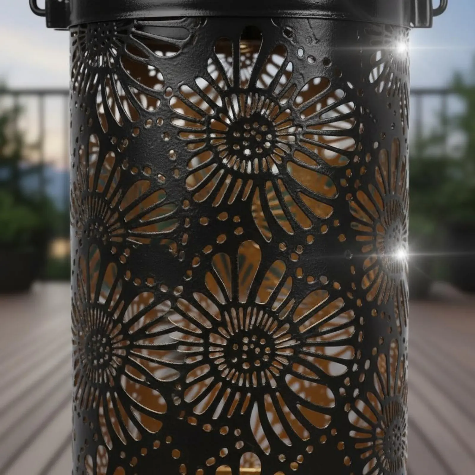 Solar Garden Lantern Weatherproof Hollow Metal Projection Lamp Floral Pattern Hanging Lamp Portable for Balcony, Camping