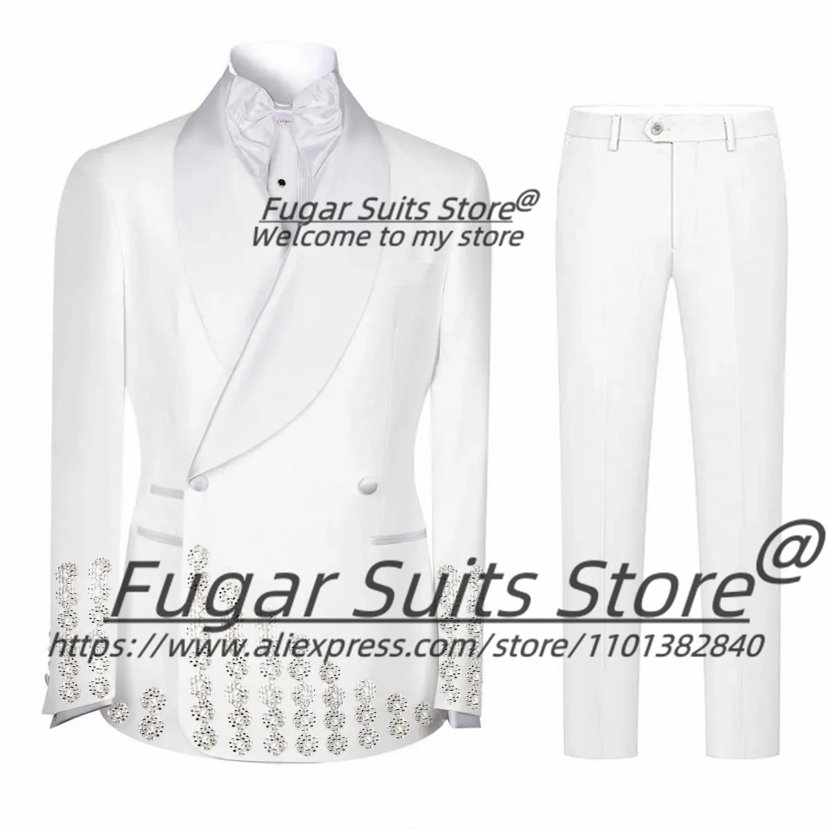Customize Shiny Beaded Men Suits Slim Fit Shawl Lapel Groom Wedding Tuxedos 2 Pcs Sets Male Double Breasted Blazers Ropa Hombre