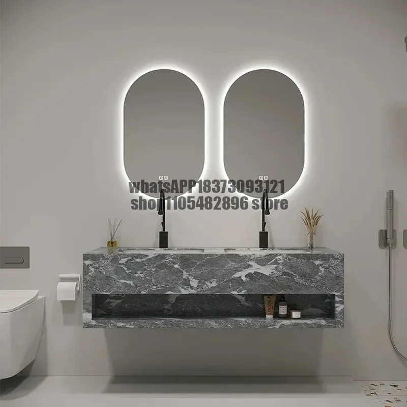 Modern Double Bathroom Vanity Rock Cabinet with Marble Sink Combo Top Ceramic Vessel Sink Chrome Faucet Drain with Vanities Set