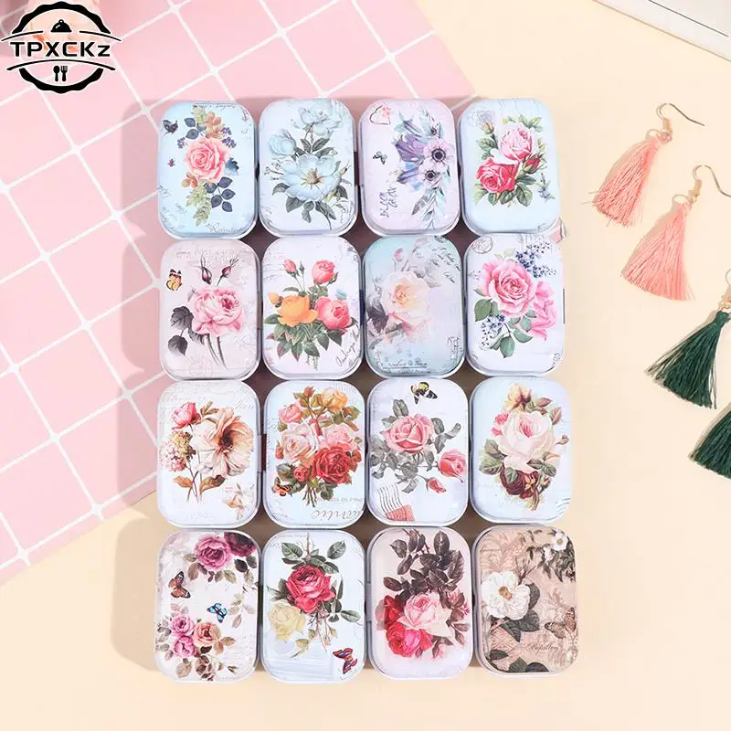 1PC Mini Flower Tin Trinket Jewelry Coin Box Tinplate Storage Case Candy Box Small Storage Boxes Cans Earrings Headphones Box