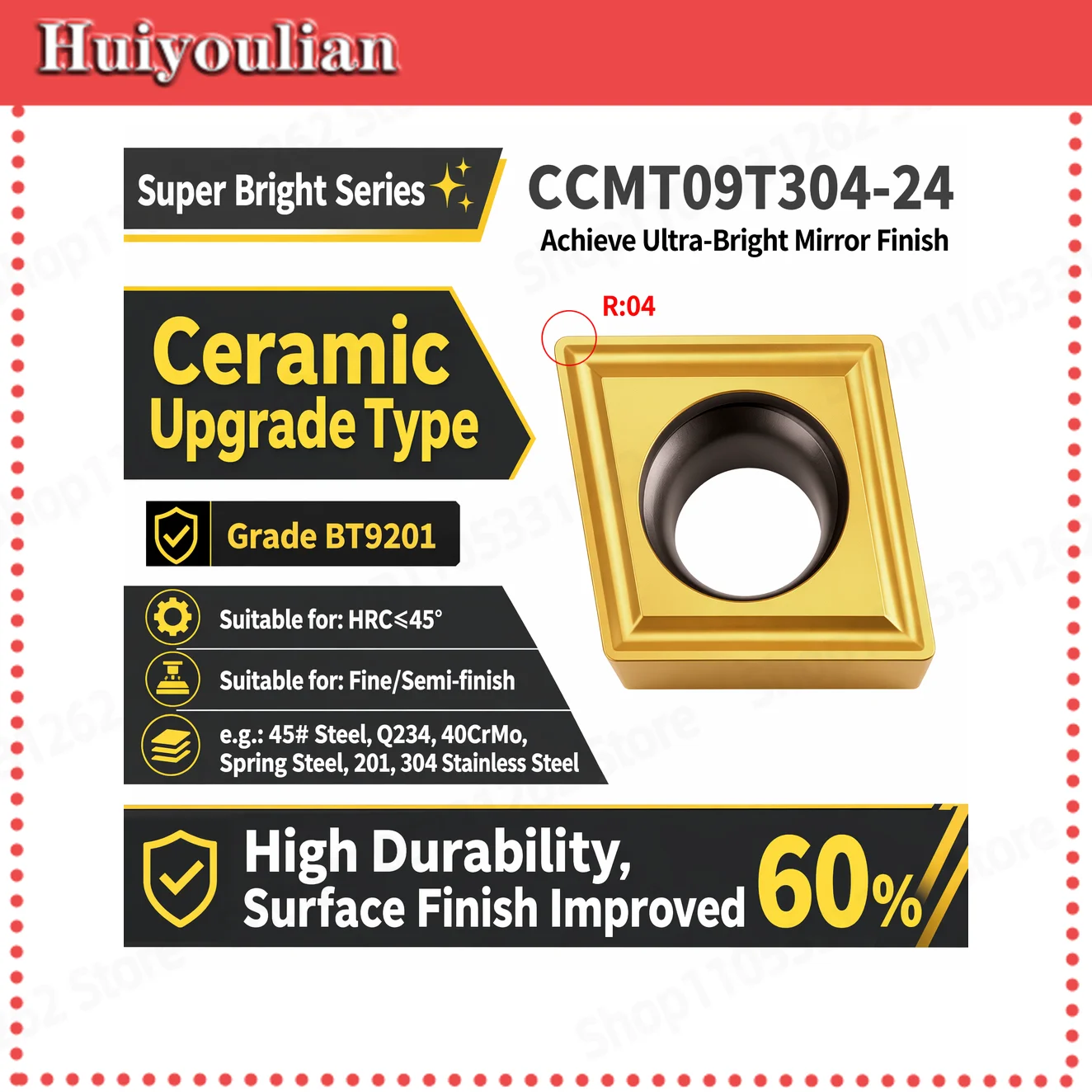 CCMT09T304-24 Ceramic Upgrade Gold Coating High Wear Resistant Stainless Q234 40CrMo HRC≤45 Semi-finish Indexable Turning Insert
