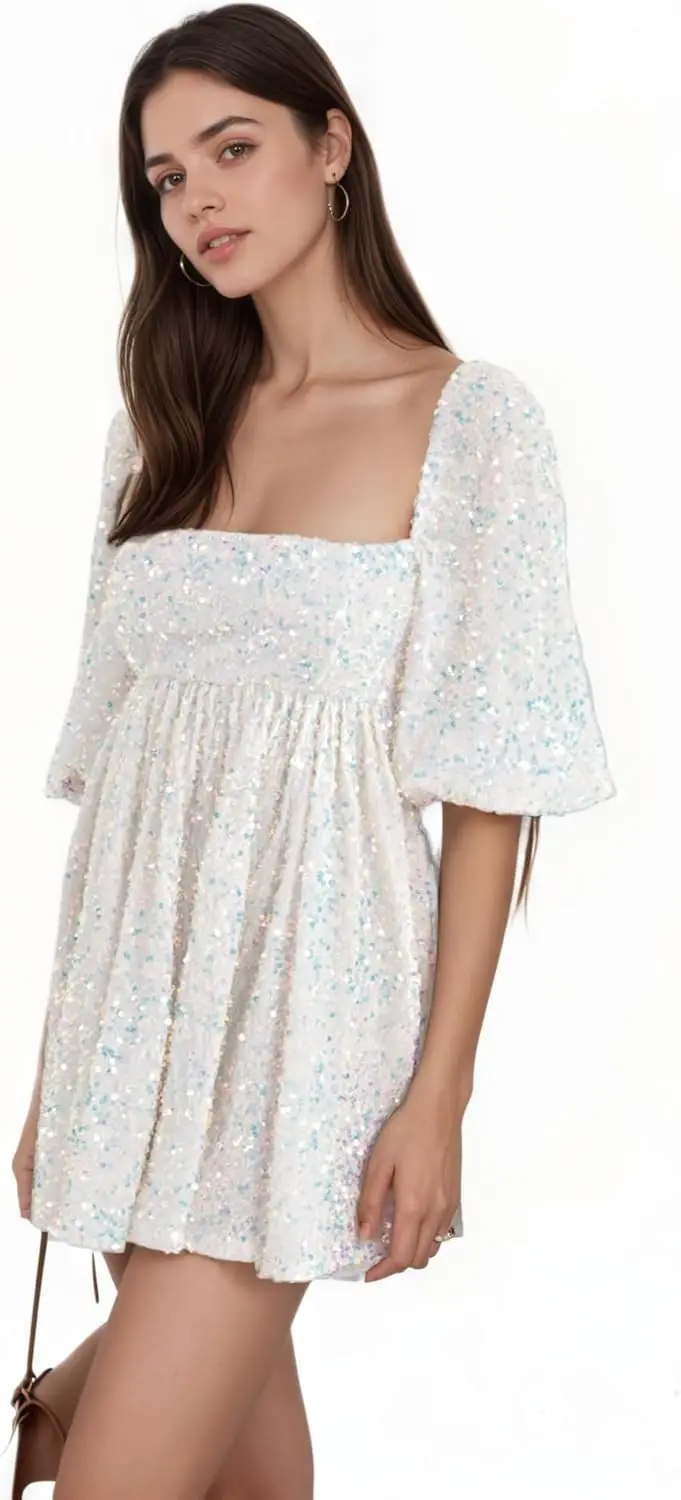 Short Sleeves Homecoming Dresses for Teens Sparkly Sequin Square Neck Short Prom Dress for Women 2026 Graduation Party Dresses