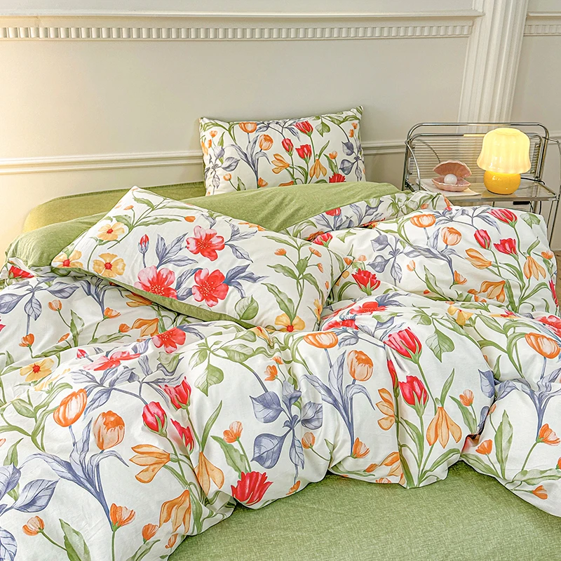 100%Cotton Duvet Cover Sets with pillowcases Single/Full/Queen/King Size Quilt Cover Sets Flower Printed Pure Cotton Bedding