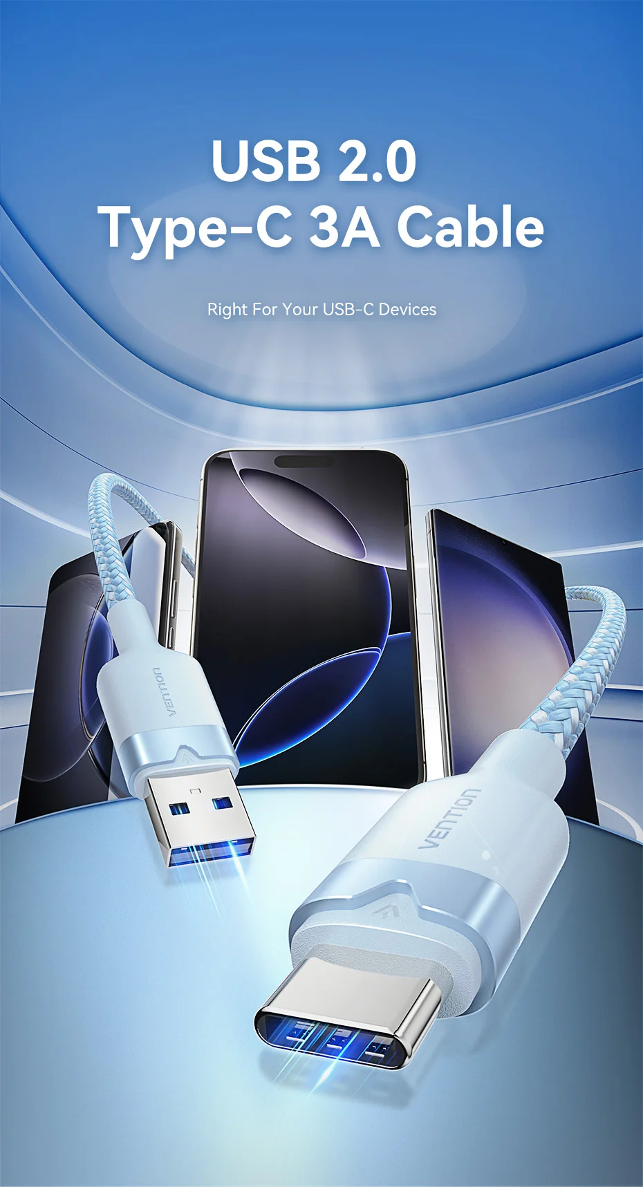 Vention USB C Cable 3A QC3.0 USB A to USB Type C Cable Fast Charging Cord USB-C Charge Wire Data for Iphone 17 16 Huawei Xiaomi