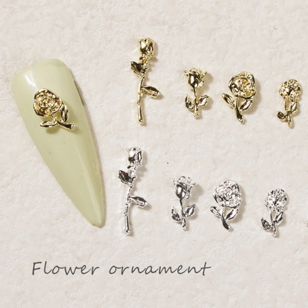 10pcs Alloy Rose Nail Art Charm 3D Gold/Silver Metal Flower Leaf Series Nail Decoration DIY Romantic Love Manicure Accessories