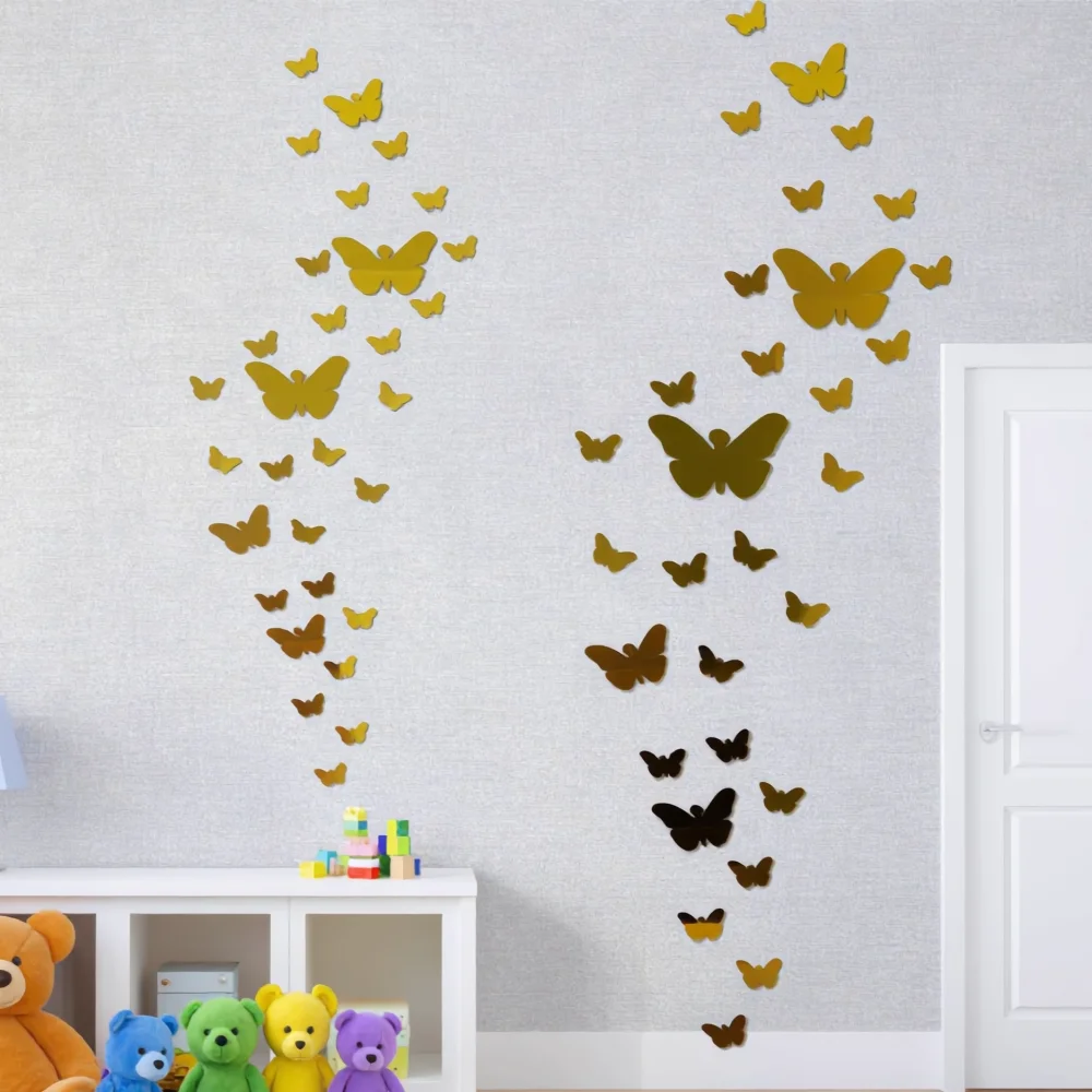 Gold 3D Mirror Acrylic Butterfly Wall Stickers, DIY Assembleable Mirror Butterfly Wall Decals, Removable Art Wall Decor for Kids Room Home Decoration, 25Pcs(2 Large,3 Medium,20 Small)