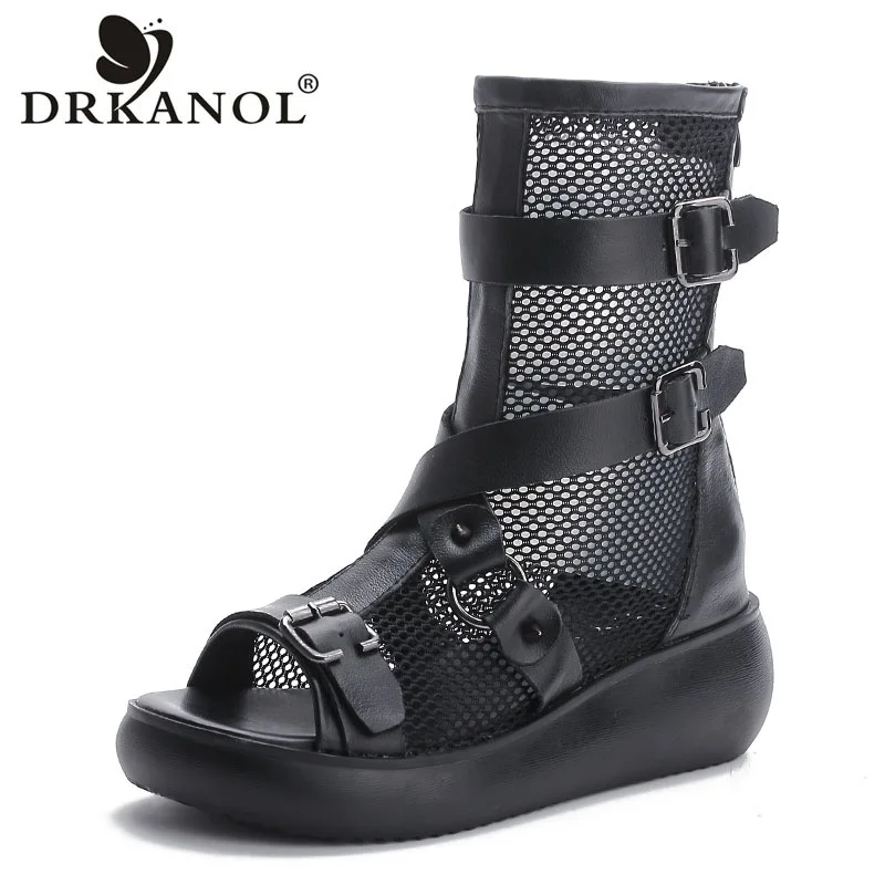 DRKANOL Fashion Women Wedges Sandals Summer Air Mesh Cool Boots Ladies Genuine Leather Open Toe Platform Gladiator Sandals Black