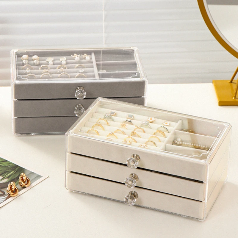 

Jewelry Organizer Box Transparent Display Case 3 Layer Earrings Necklace Ring Plastic Organizing Boxes Velvet Jewelry Tray Gifts
