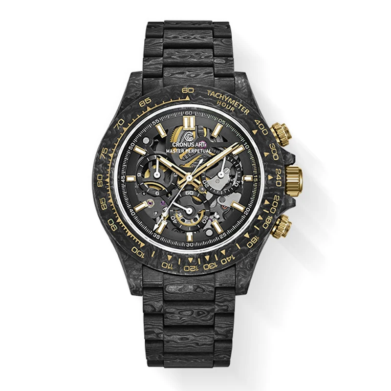 CRONUSART Orologio cronografo da uomo Sport 42mm Orologio da polso meccanico automatico Cassa e cinturino in fibra di carbonio Quadrante scheletrato luminoso