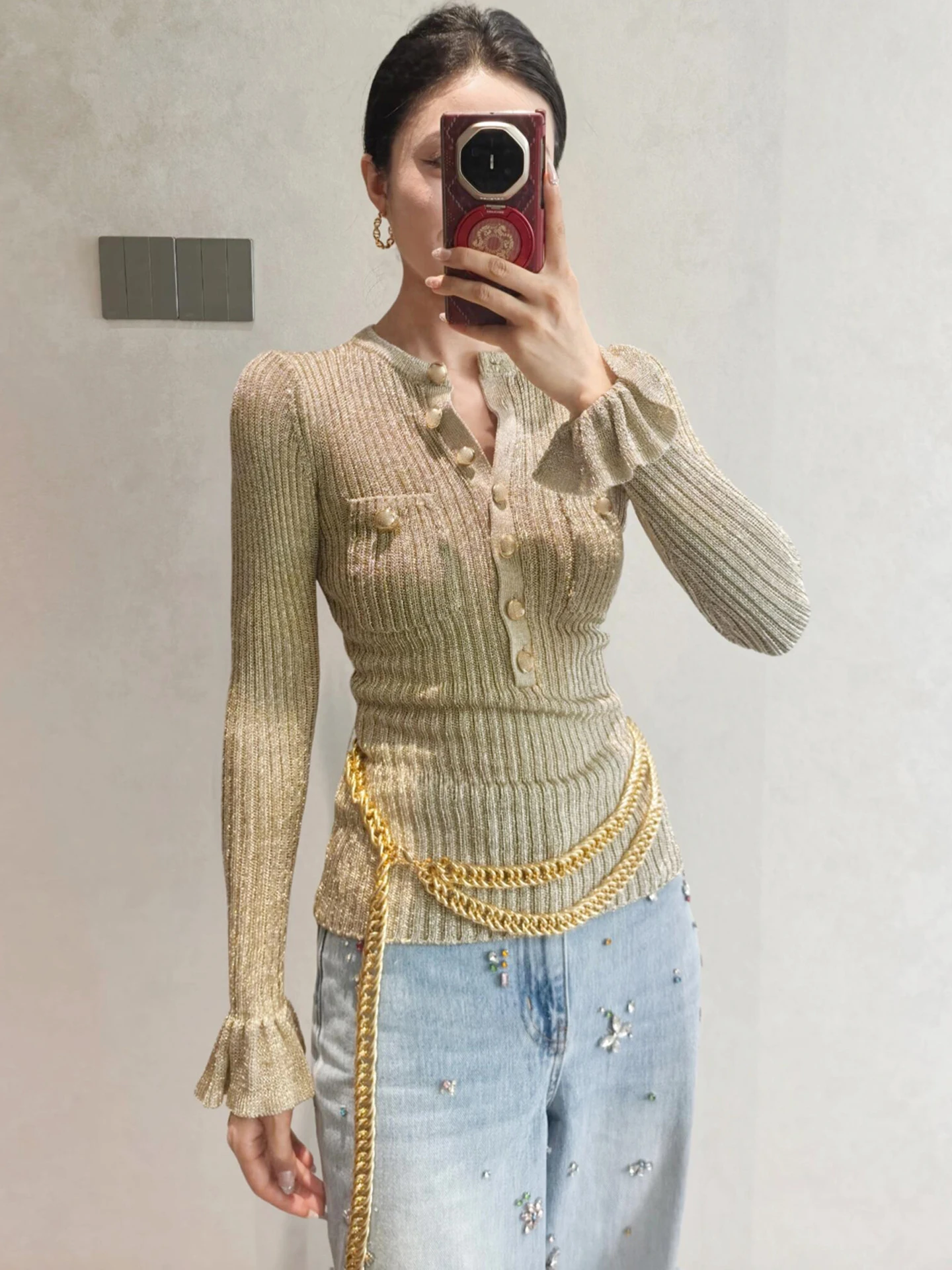 

Высококачественный женский вязаный топ с поясом и расклешенными краями на осень-зиму, простой комбинезон среднего размера Softn Long Sve