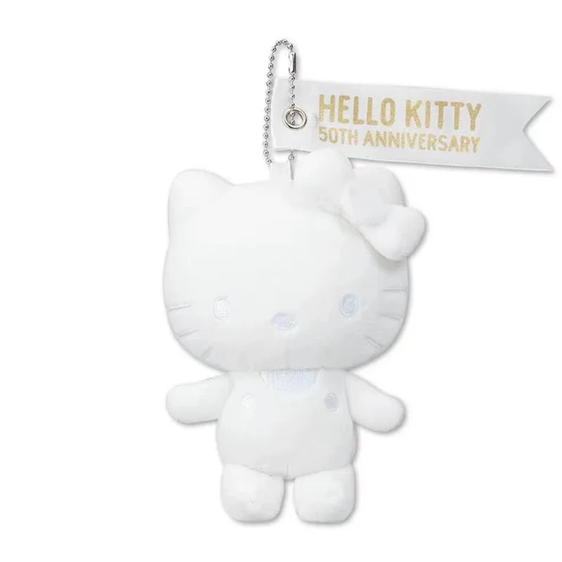 Sanrio Hello Kitty 50 aniversario juguete de peluche blanco y negro, mochila de dibujos animados, decoración linda, muñeca de corazón, colgante, regalos de vacaciones