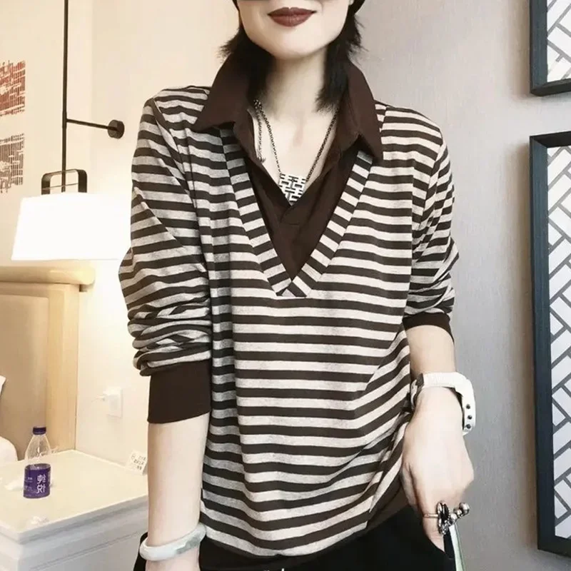 Mode revers épissé ample faux deux pièces rayé Blouse femme vêtements automne nouveaux pulls décontractés hauts trajet chemise XQ127