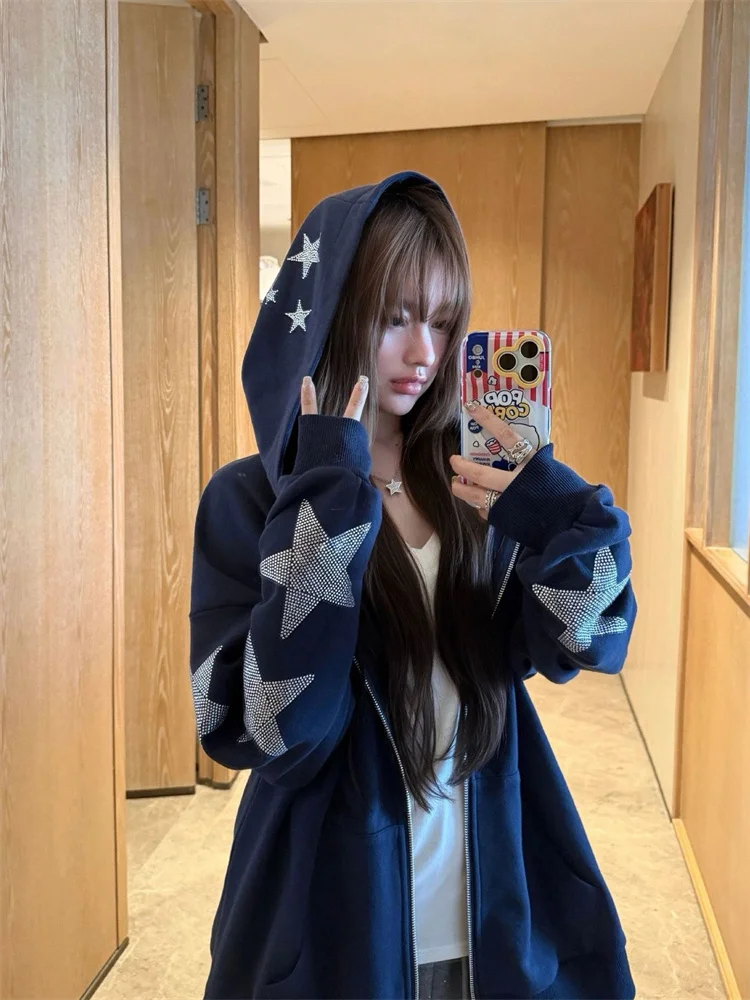 Unisex American Streetwear Hoodie Jacket Sparkly Star Rhinestone Zip Up Oversized Loose Hooded Outerwear for Spring Autumn