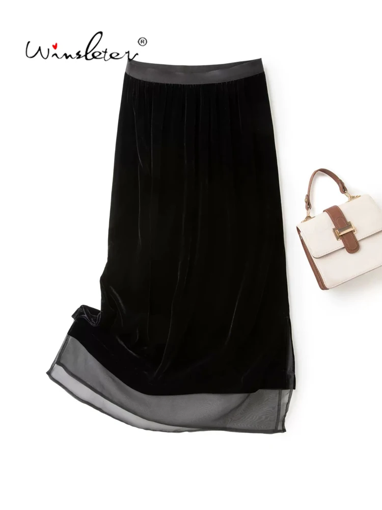 Winsleter-Silk Velvet Elegant Skirts, Elastic Waist Solid, Women French Korean Temperament Chic Skirt, 2026 Autumn New B69075CC