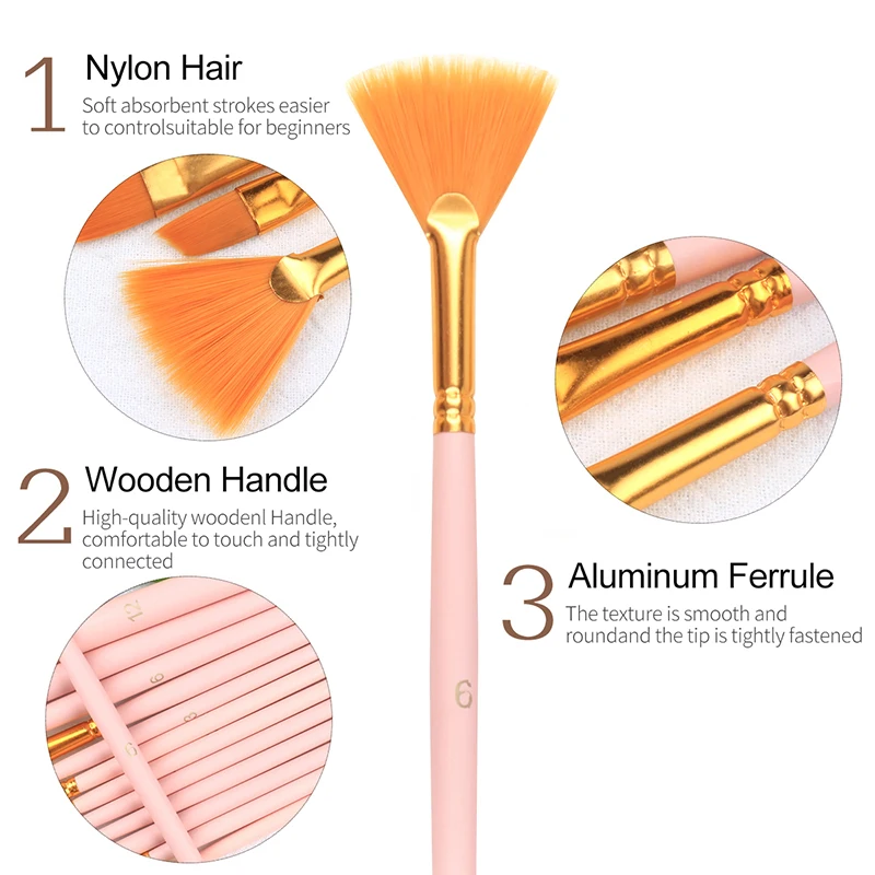 Paint Brush Set Multifunction Nylon Hair Short Rod 10 Pcs Blue/pink Painting Brush for Oil Acrylic Watercolor Gouache Art Tool