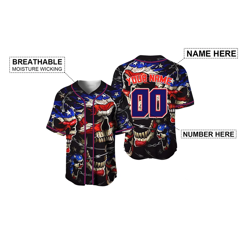 Tee Shirt Baseball Jersey For Men Sublimation Blanks Halloween Usa Flag Skull Design Hip Hop Blouses Fashion Custom Tshirt