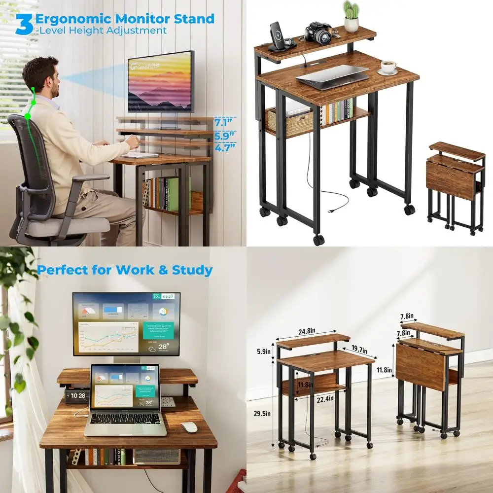 24.8 Adjustable Monitor Stand Desk with Storage, Rolling Walnut Home Office Table, USB Charging