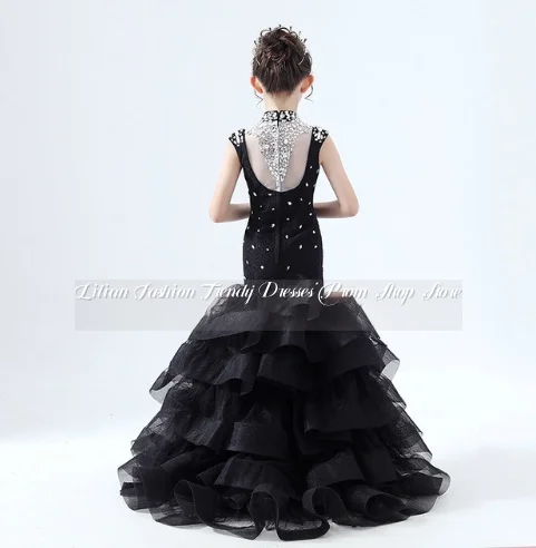 Vestidos de niña de flores con cuello alto de cristal de tul de sirena negra personalizados vestidos de fiesta para niños vestidos de fiesta de cumpleaños Ángel bebé