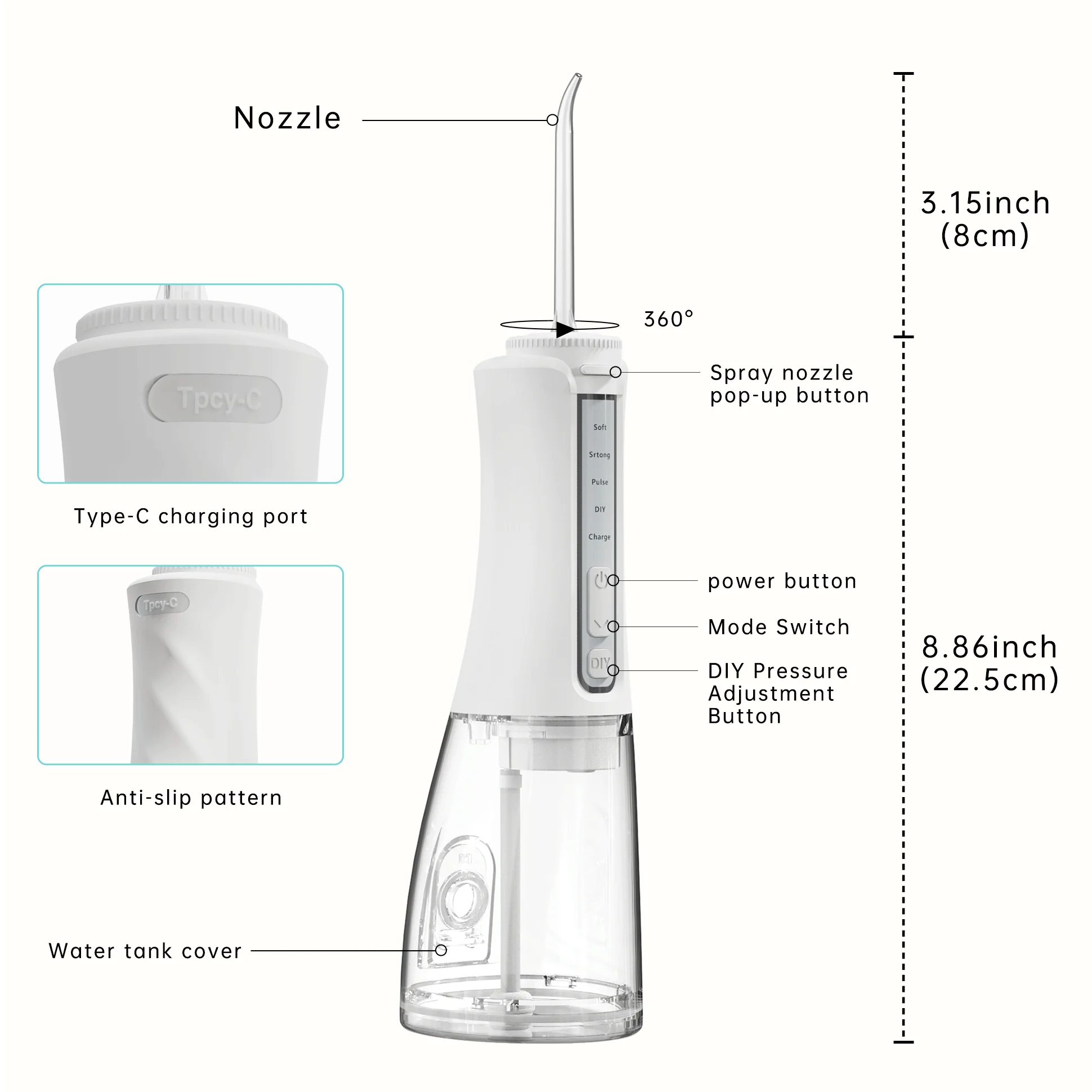 Portable Oral Irrigator 4 Modes Teeth Cleaner Dental Water Flosser Rechargeable 300ml Tank Water Jet Floss Tooth Pick 5 Jet Tip