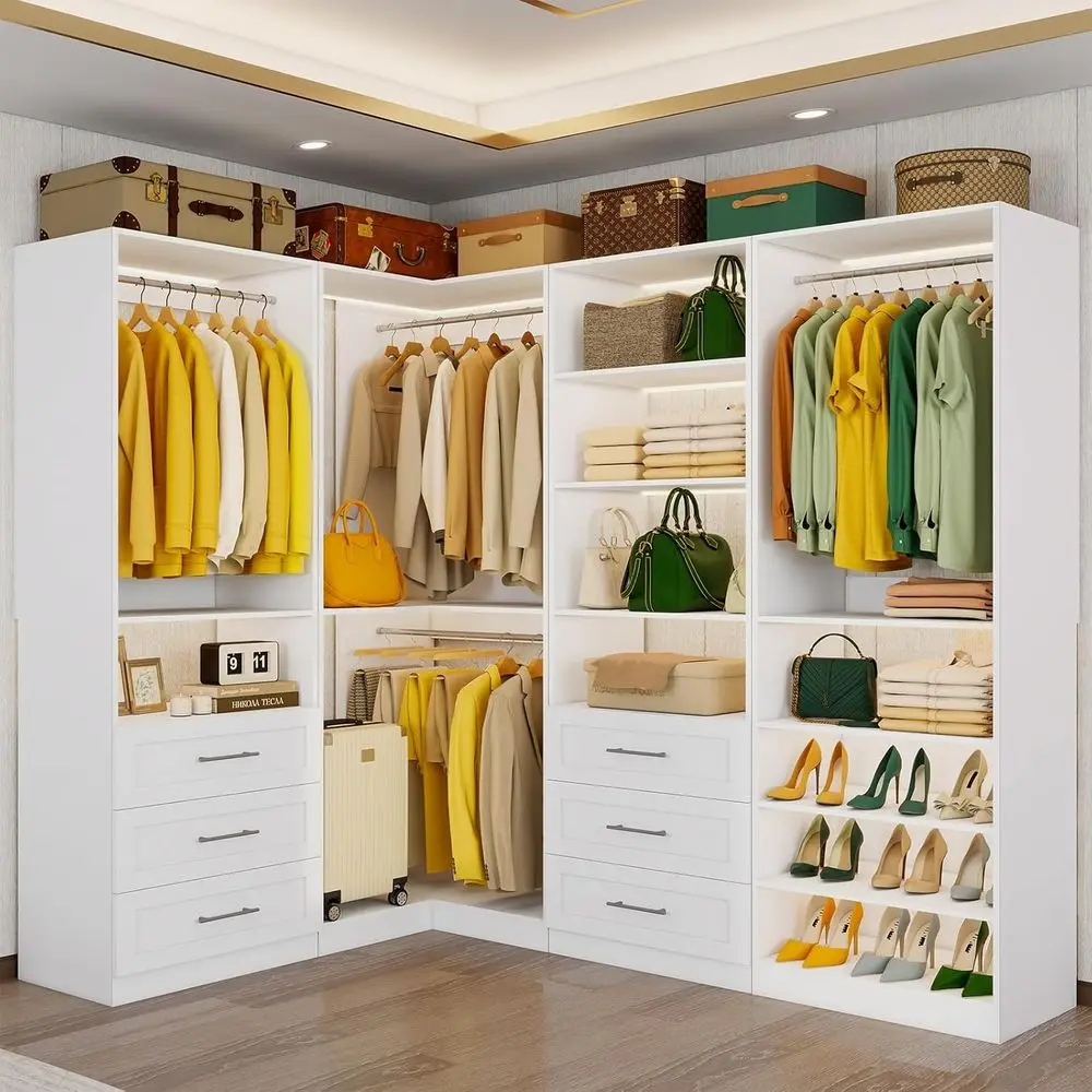 

4-Piece 101.9 White Walk-In Closet Organizer with 6 Drawers, 8 Hanging Rods, and Adjustable Shelves