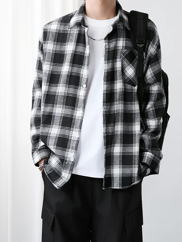 Camisa a cuadros holgada de manga larga para hombre, estilo americano vintage, informal, para primavera y otoño, para parejas, transpirable, cómoda, agradable para la piel.