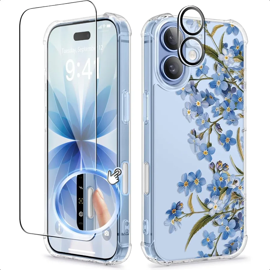 

Чехол GVIEWIN для iPhone 17, защитная пленка для экрана + защитная пленка для объектива камеры [не желтеющий] прозрачный тонкий противоударный защитный чехол с цветочным принтом H