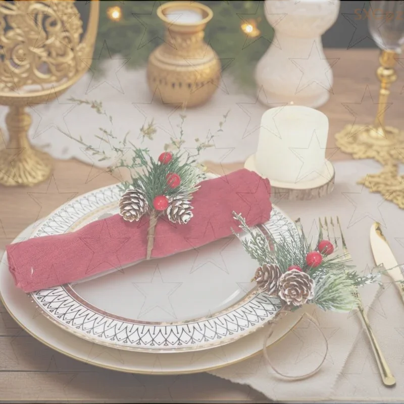 Christmas Cedar Jute Lace Napkin Rings Set Handmade Craft Tableware For Holiday Party Dinner New Year Decorations