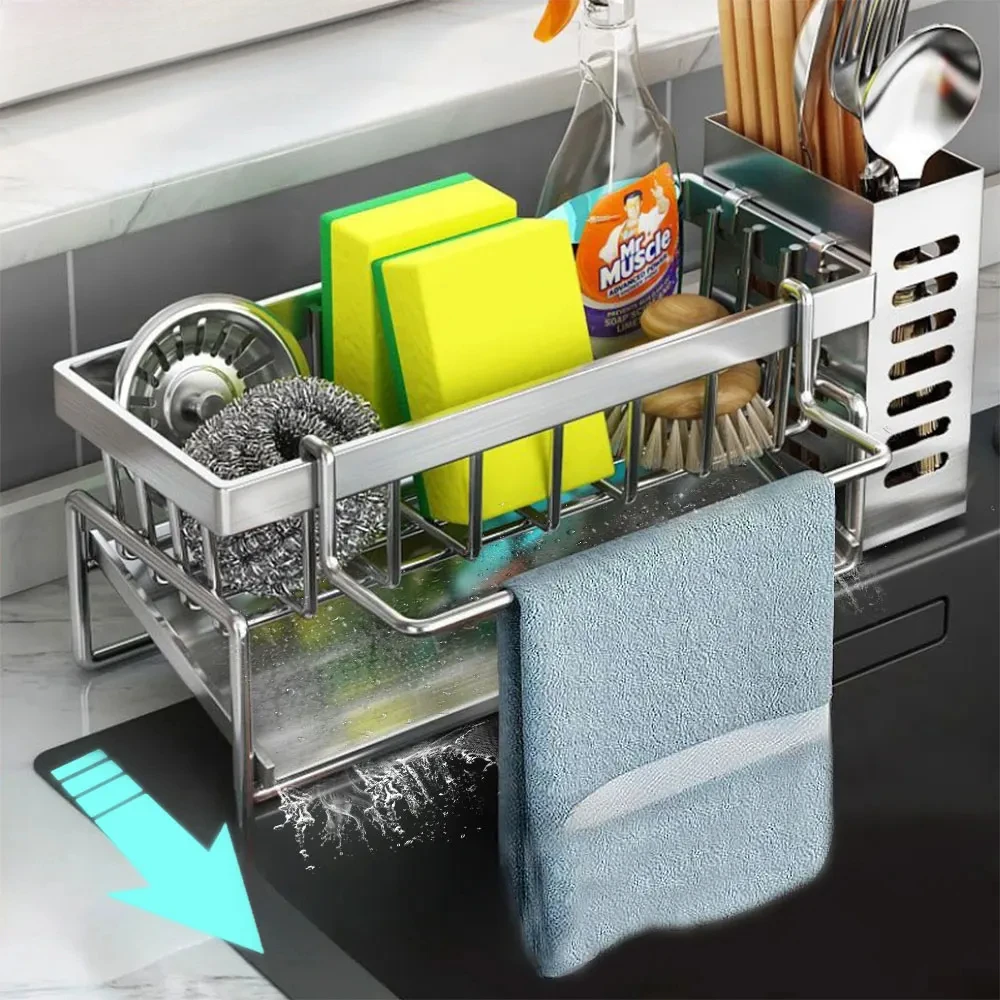 Évier de cuisine étendoir en acier inoxydable étagère d'évier de cuisine avec récipient à couverts porte-éponge à vaisselle organisateur de cuisine