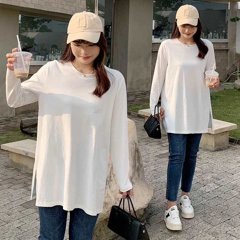 Plus size, suitable for overweight women's top, spring and autumn mid length mm-shirt, women's long sleeved loose 3196