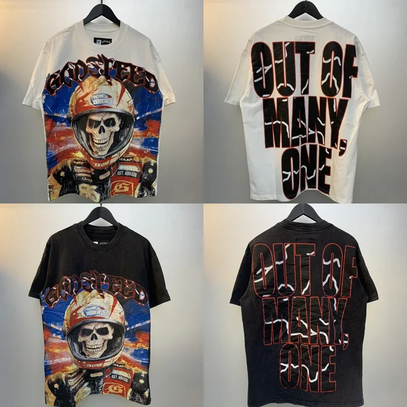 New High Street Niche Brands GOD SPEED Crew Neck T-shirt Skull Racer T-shirt Prints Men's Women's Casual Base Tops