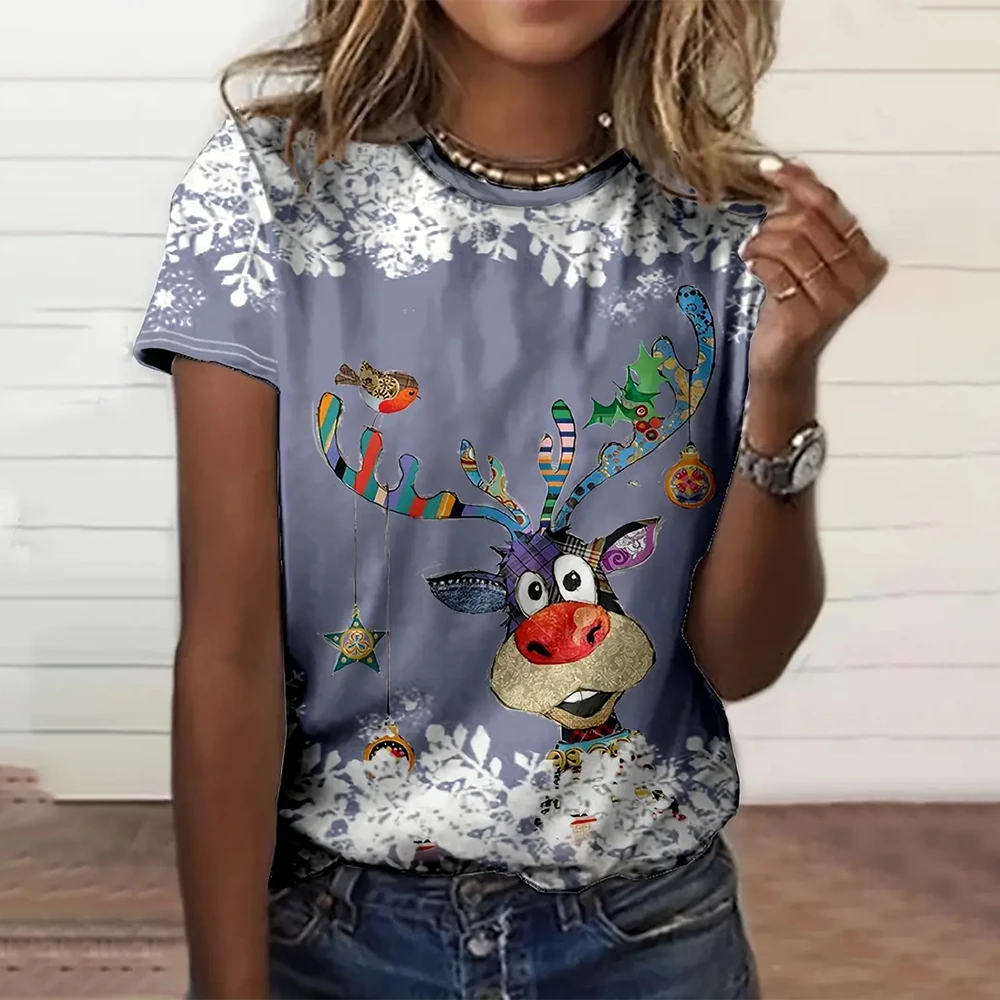 Women's Short Sleeve Tops & T-shirt 3d Christmas Deer Printed Round Neck T-shirts & Blouse Casual Fashion Loose Women's Top Tees