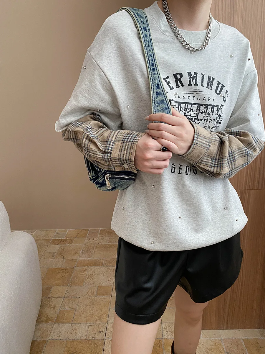 

Американская клетчатая лоскутная свободная спортивная одежда из двух частей с круглым вырезом и буквенным принтом