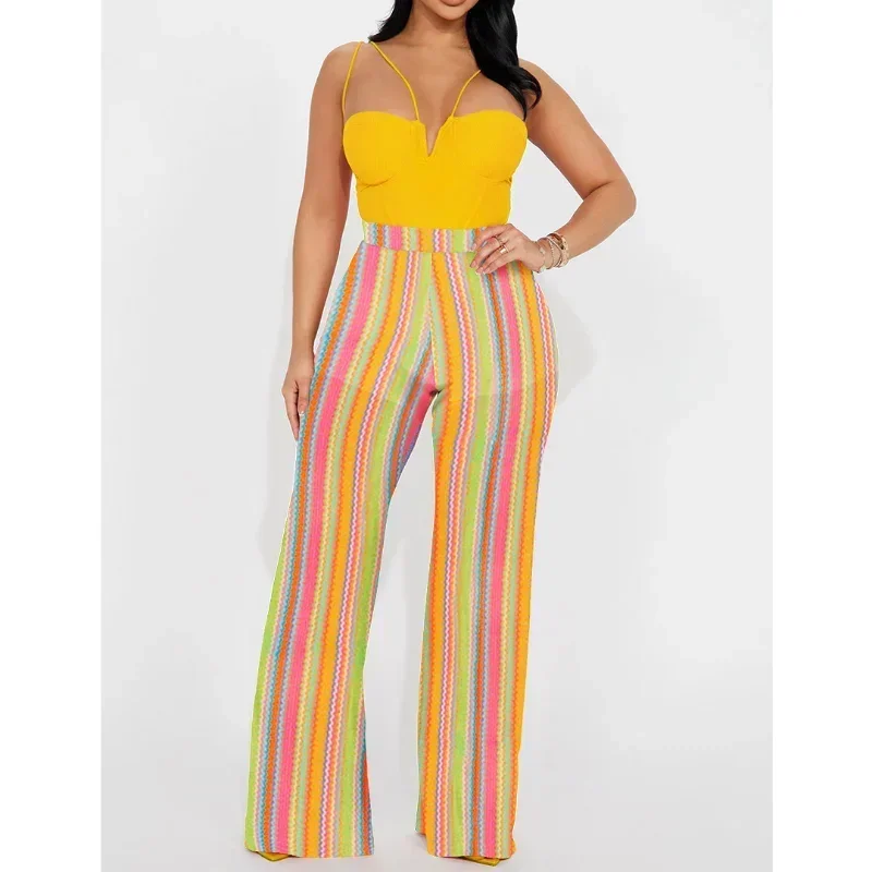

GUWU Rainbow Striped Knit Ribbed Zipper Back Wide Leg Pants Summer Fashion Women Streetwear Straight Trousers