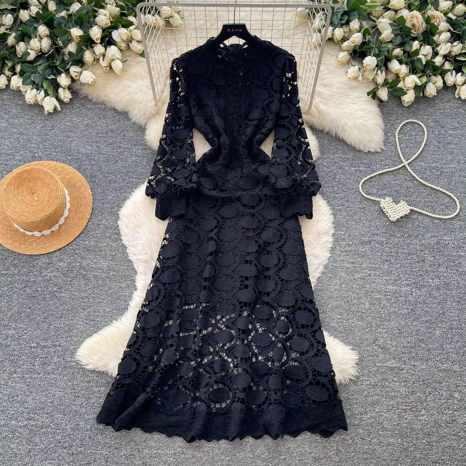 Women Crochet Openwork Dresses A Line Solid Dress Ankle Lenth O Neck Lantern Sleeves Waist Cinch Slim Casual Elegant 2026 Summer