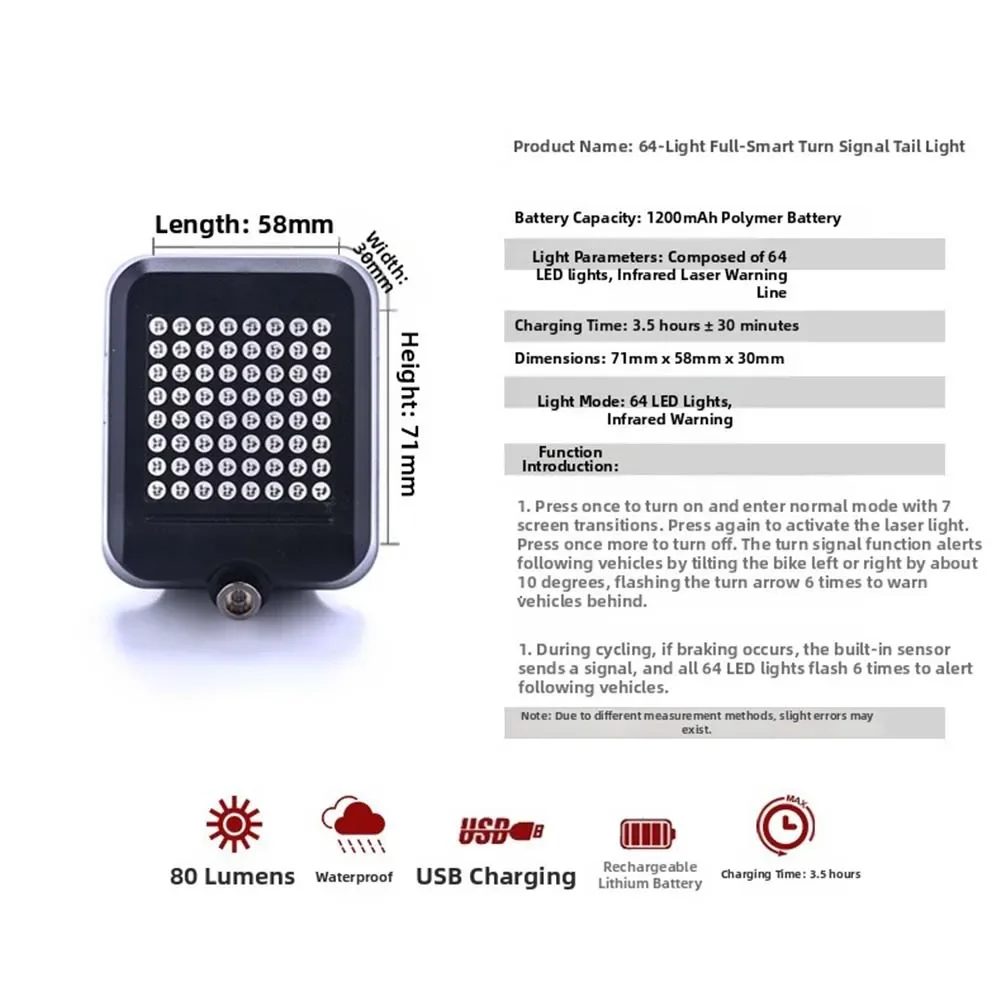 

Reliable Bicycle Taillight Designed for Night Riding with USB Charging Brake Light Trigger and Turn Signal Modes
