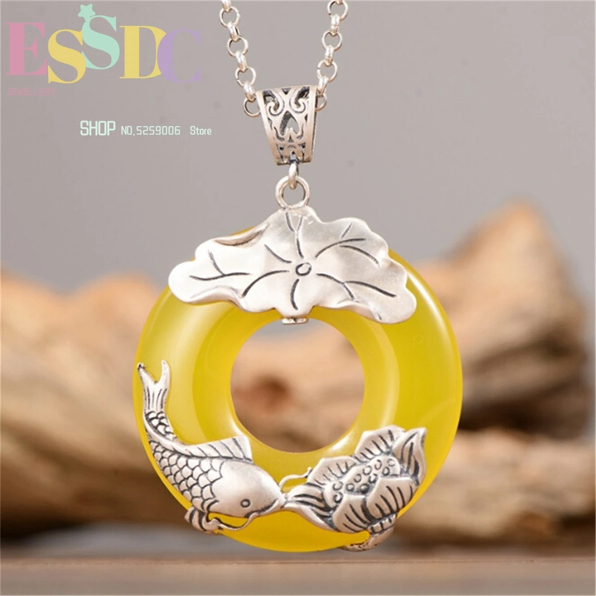 ESSDC Retro S925 Matte Fish Lotus Flower Women Sweater Chain White Chalcedony And Yellow Chalcedony Pendant Jewelry Dropship