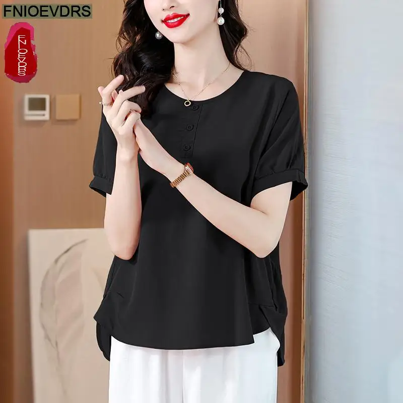 M-4XL Loose Clothes 2024 Summer Cotton Tops Short Sleeve Women Basic Wear Casual Black Orange Retro Vintage Shirts Blouses