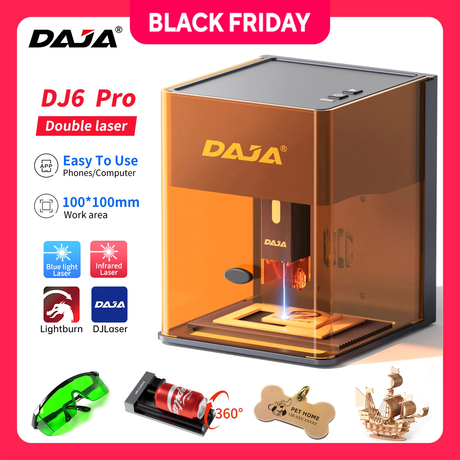DAJA DJ6 Pro Mini Macchina per incisione laser Copertura di sicurezza Taglio Macchina per incisione aziendale per gioielli in metallo Legno Vetro acrilico