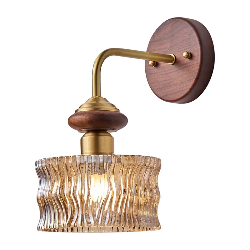 

medieval wall lamp, bedroom bedside lamp, French retro walnut, niche living room background wall aisle wall lamp