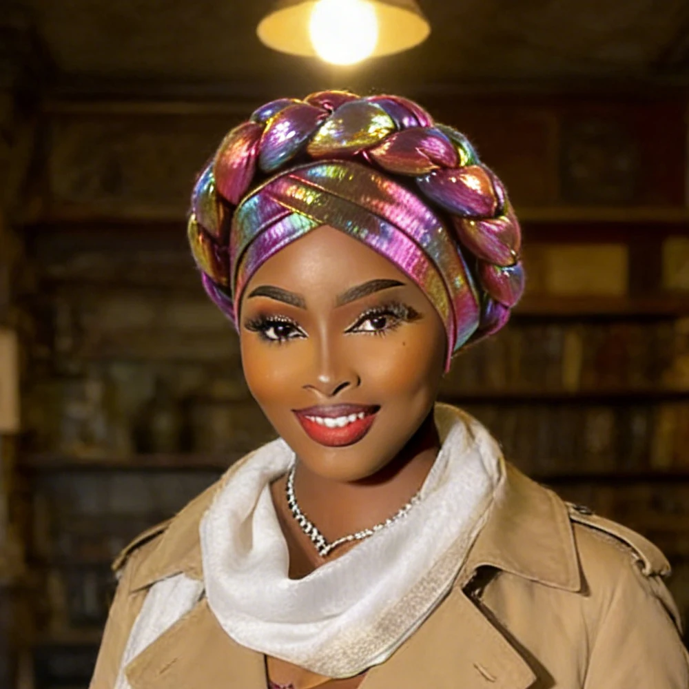 

Шапка-тюрбан с блестящими косами для женщин, африканский авто геле, головной убор, Нигерия, свадебная вечеринка, мусульманский хиджаб, капот, головной убор