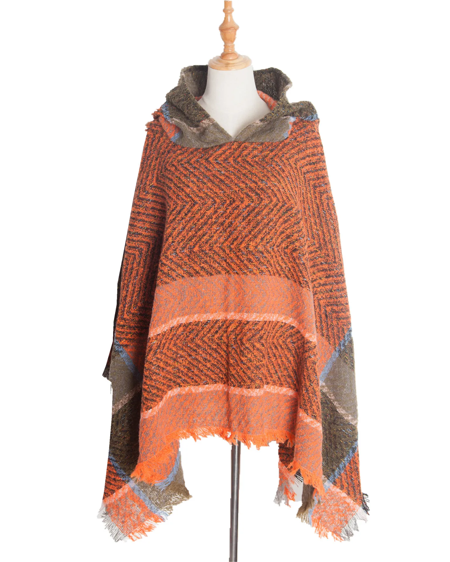 GC 2026 New Autumn Winter Fishbone Pattern Women's Hooded Cape Pullover Cape Women Poncho Lady Capes Black Cloaks