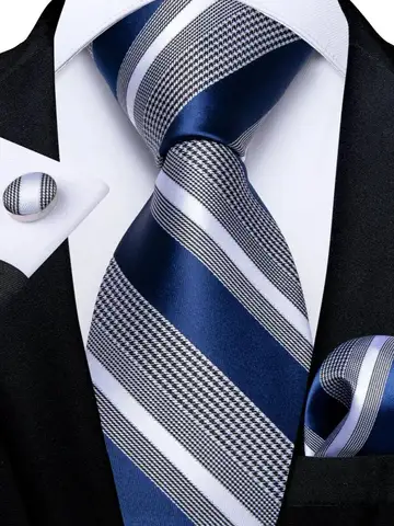 Luxury Blue Striped Polyester Ties for Men 8cm Width Wedding Business Prom Necktie Pocket Square Cufflinks Gift Men Accessories