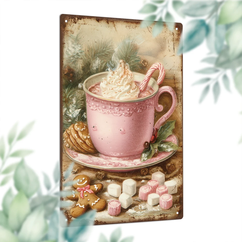 2D Flat Putuo Decor 1pc Vintage Metal Tin Sign, Hot Cocoa Gingerbread Man Element, Wall Art Decor for Home Christmas Party, Gift